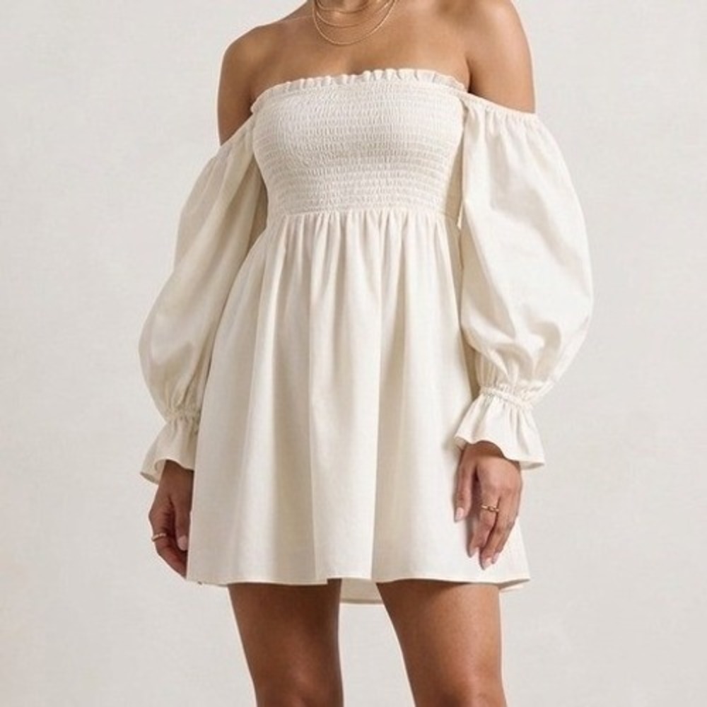 New York & Company Mini Dress White Smocked Off Shoulder Balloon Sleeve Sz L